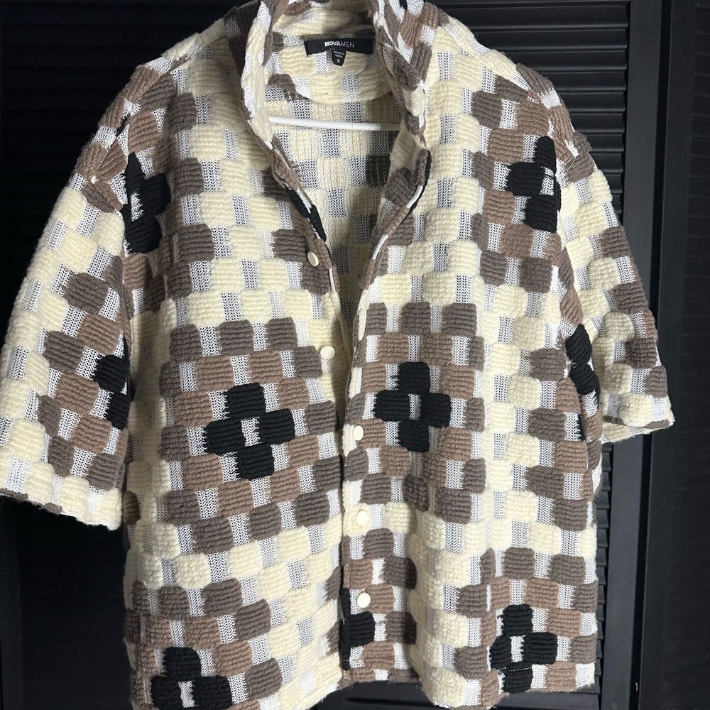 Fashion Nova Checkered Button Down Shirt - Cream, Brown, Black